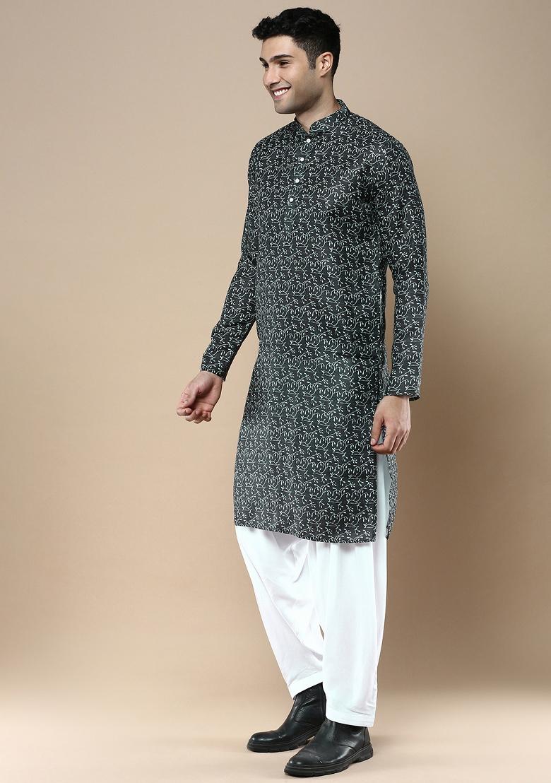 Green Printed Linen Cotton Kurta Sets For Men