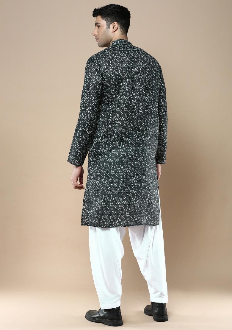 Green Printed Linen Cotton Kurta Sets For Men