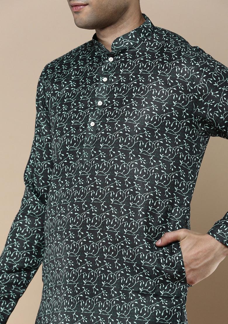 Green Printed Linen Cotton Kurta Sets For Men