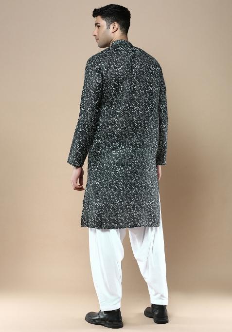 Green Printed Linen Cotton Kurta Sets For Men