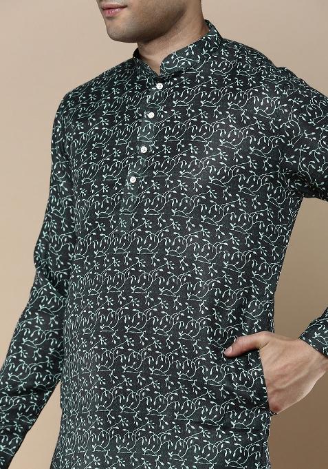 Green Printed Linen Cotton Kurta Sets For Men