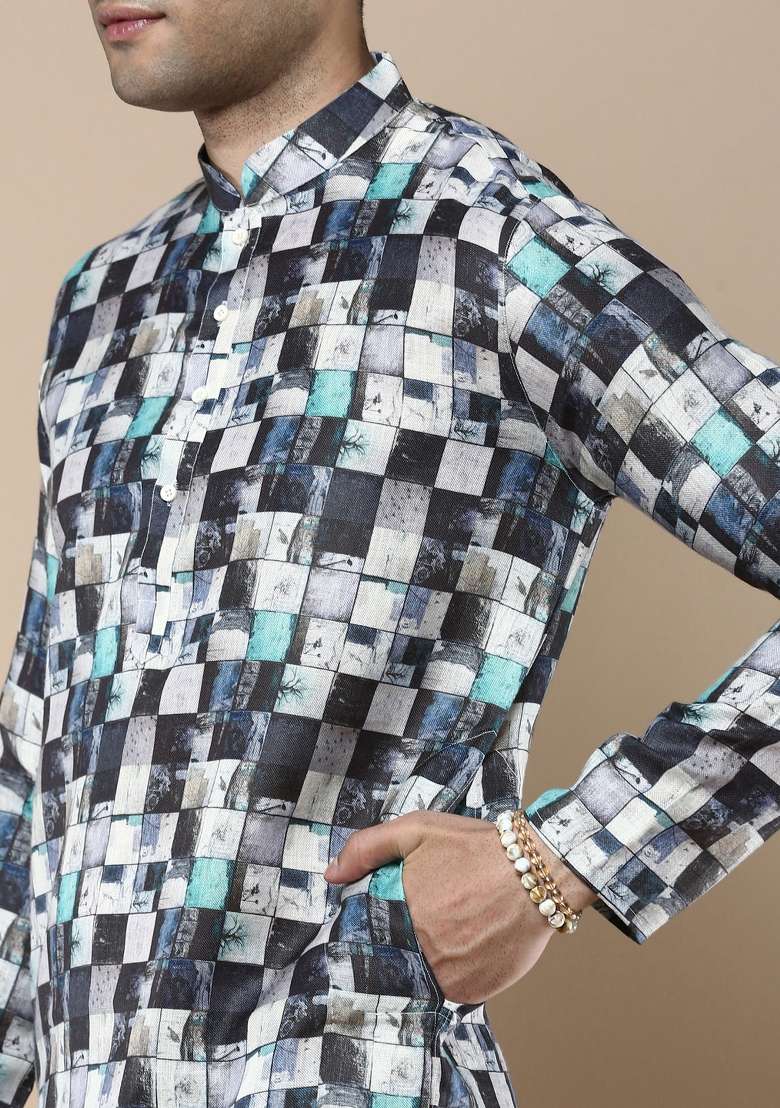 Multi Printed Linen Cotton Kurta Sets For Men - Indya