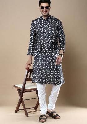 Blue Printed Linen Cotton Kurta Sets For Men