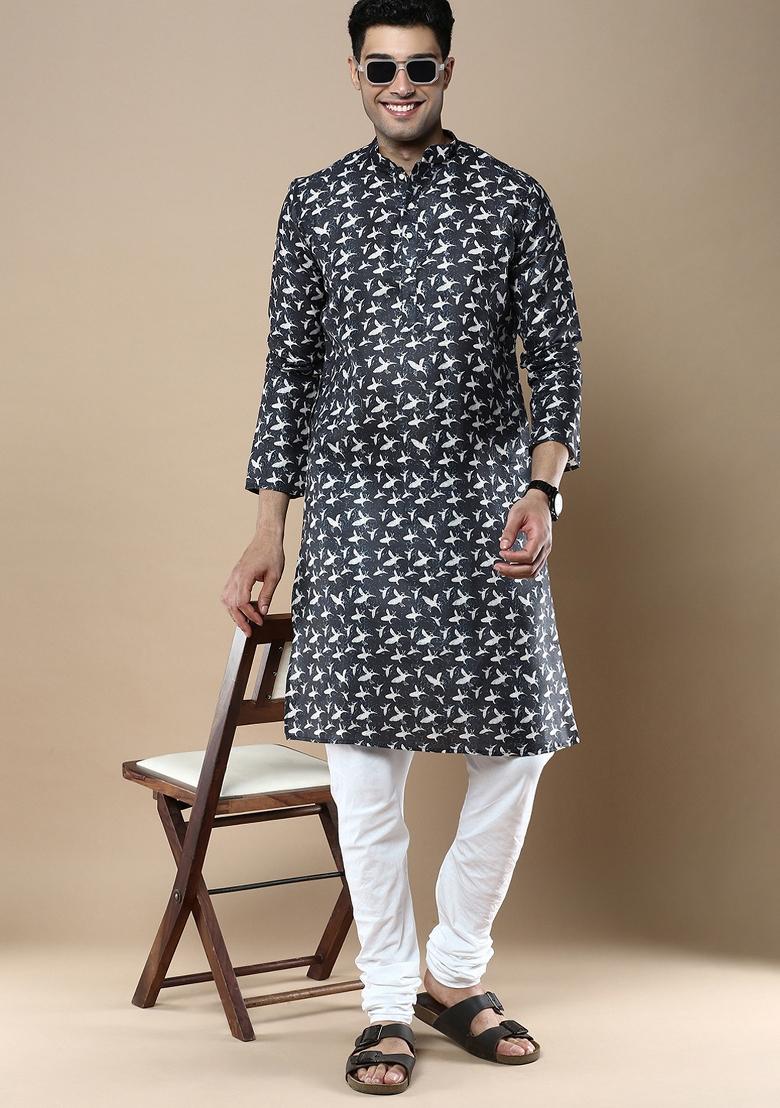 Blue Printed Linen Cotton Kurta Sets For Men