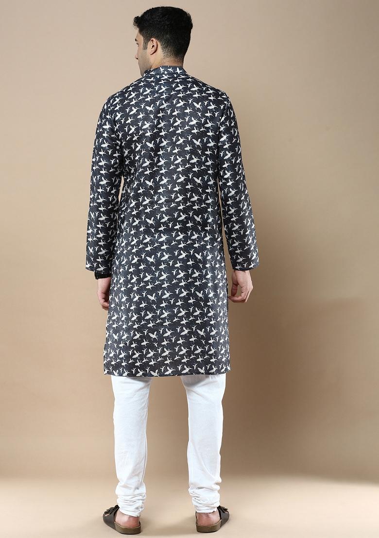 Blue Printed Linen Cotton Kurta Sets For Men