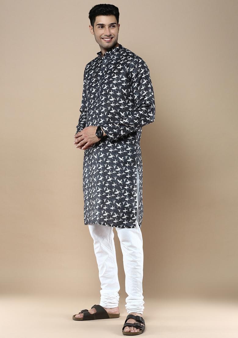 Blue Printed Linen Cotton Kurta Sets For Men