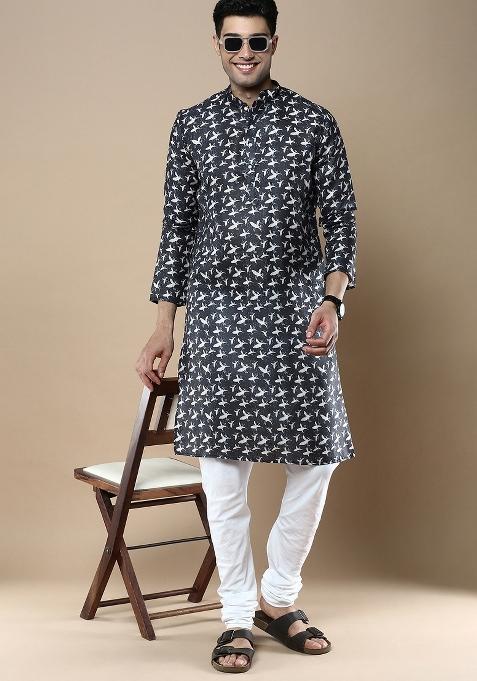 Blue Printed Linen Cotton Kurta Sets For Men