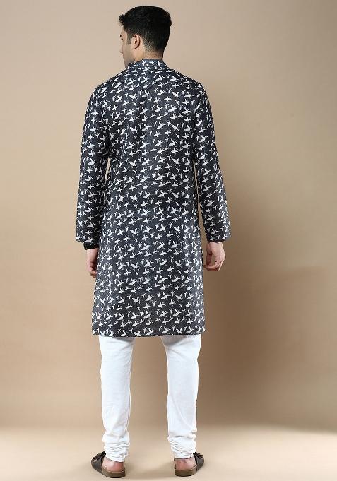 Blue Printed Linen Cotton Kurta Sets For Men