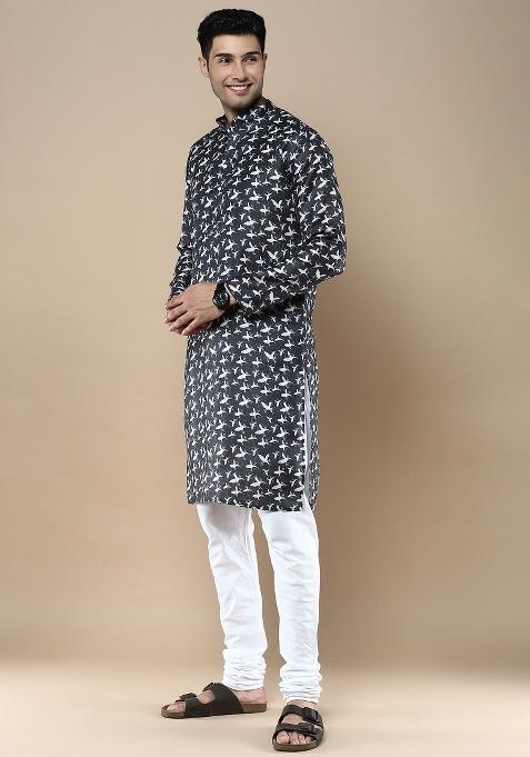Blue Printed Linen Cotton Kurta Sets For Men