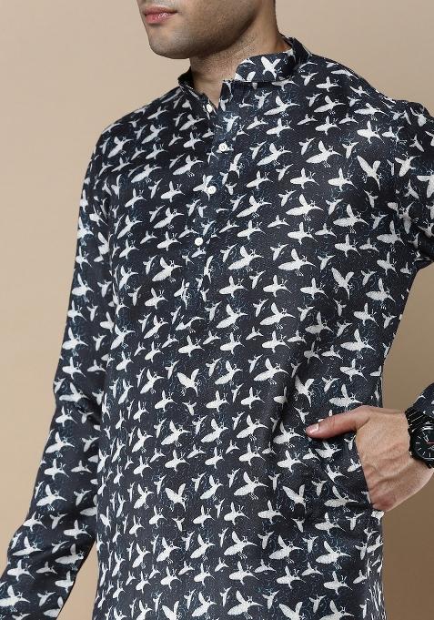 Blue Printed Linen Cotton Kurta Sets For Men