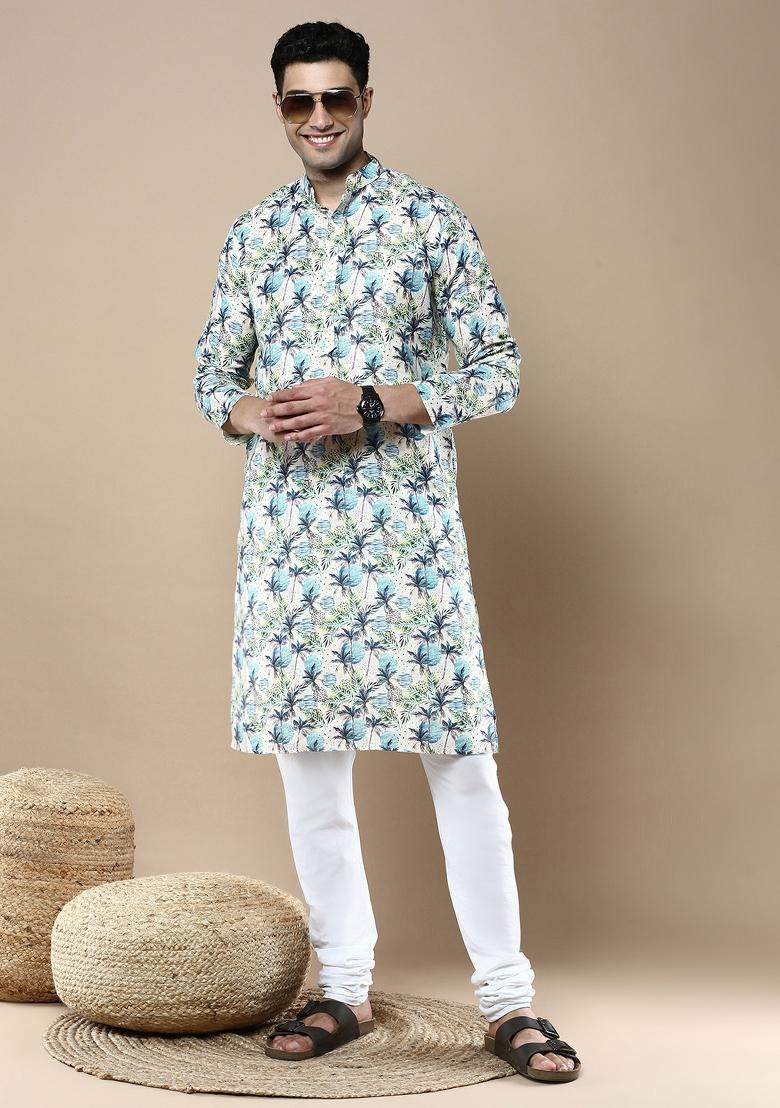 Blue Printed Linen Cotton Kurta Sets For Men