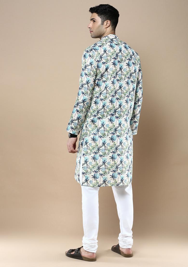 Blue Printed Linen Cotton Kurta Sets For Men