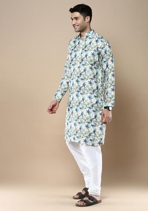 Blue Printed Linen Cotton Kurta Sets For Men