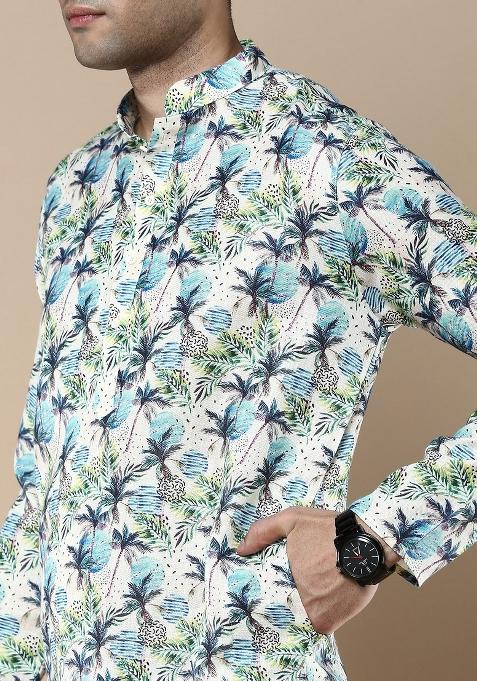 Blue Printed Linen Cotton Kurta Sets For Men