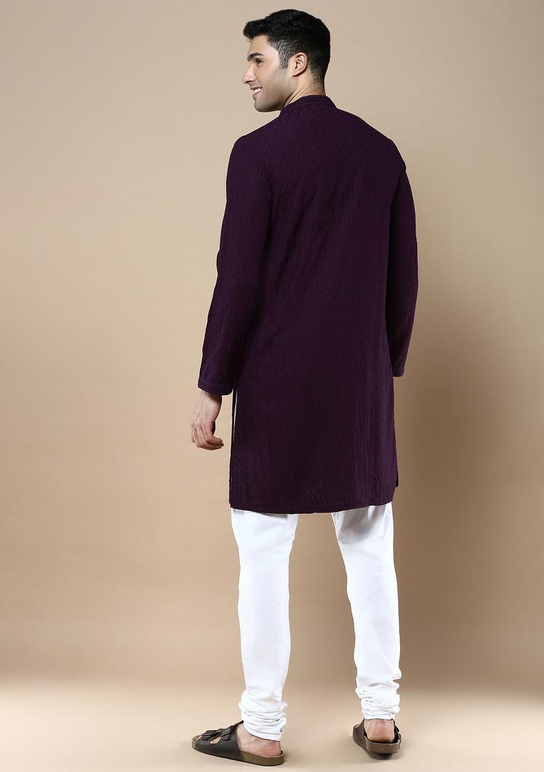 Purple Solid Cotton Kurta Sets For Men