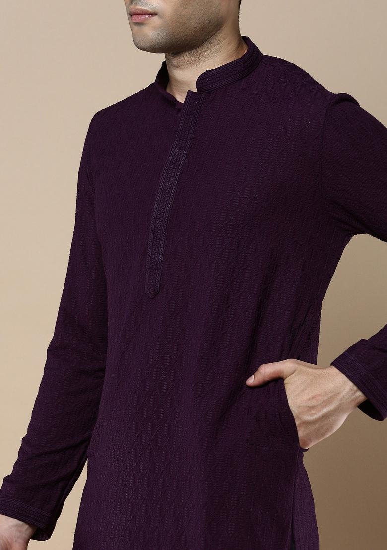 Purple Solid Cotton Kurta Sets For Men