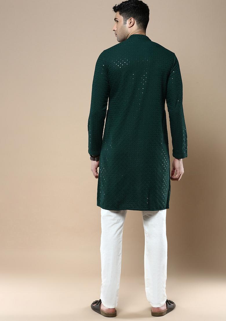 Green Sequin Embroidered Cotton Kurta Sets For Men