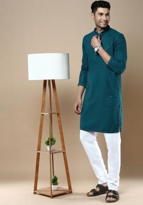Green Sequin Embroidered Cotton Kurta Sets For Men