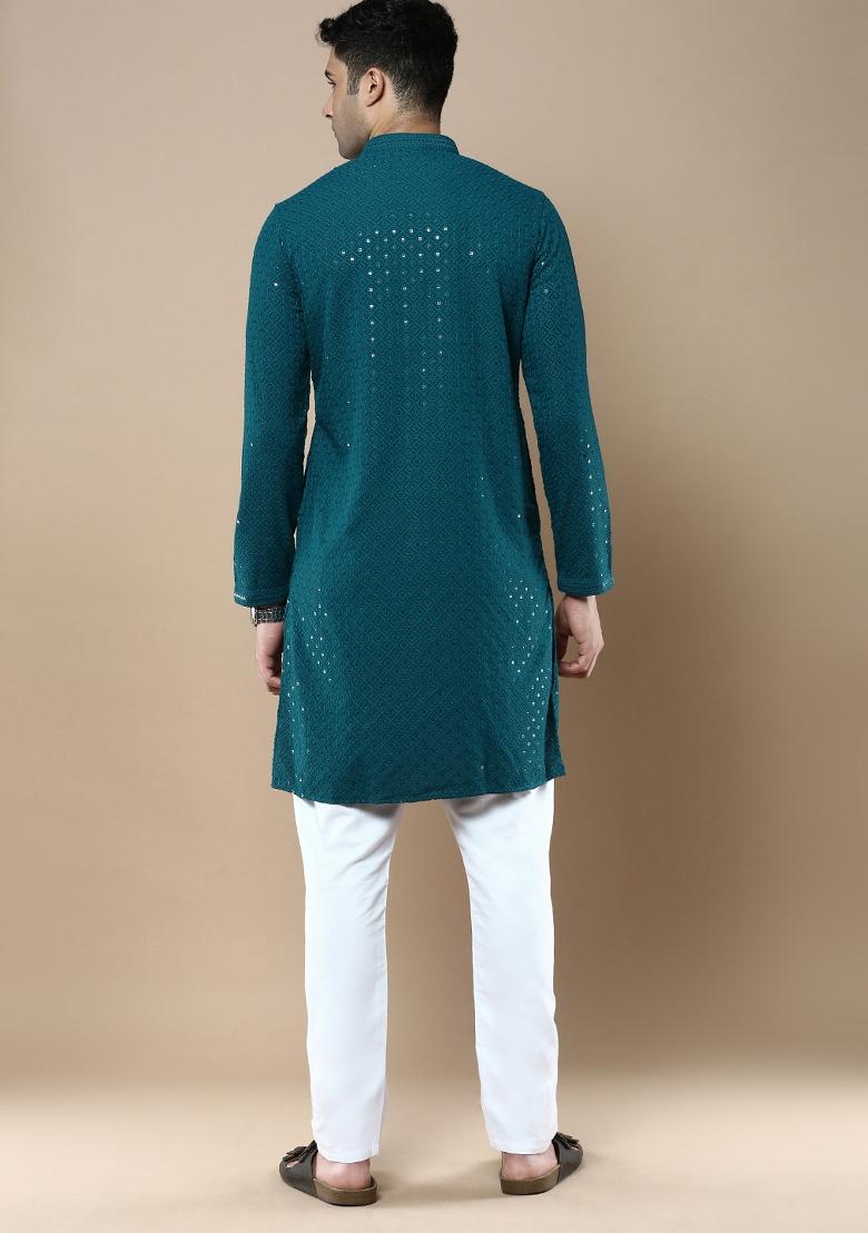 Green Sequin Embroidered Cotton Kurta Sets For Men