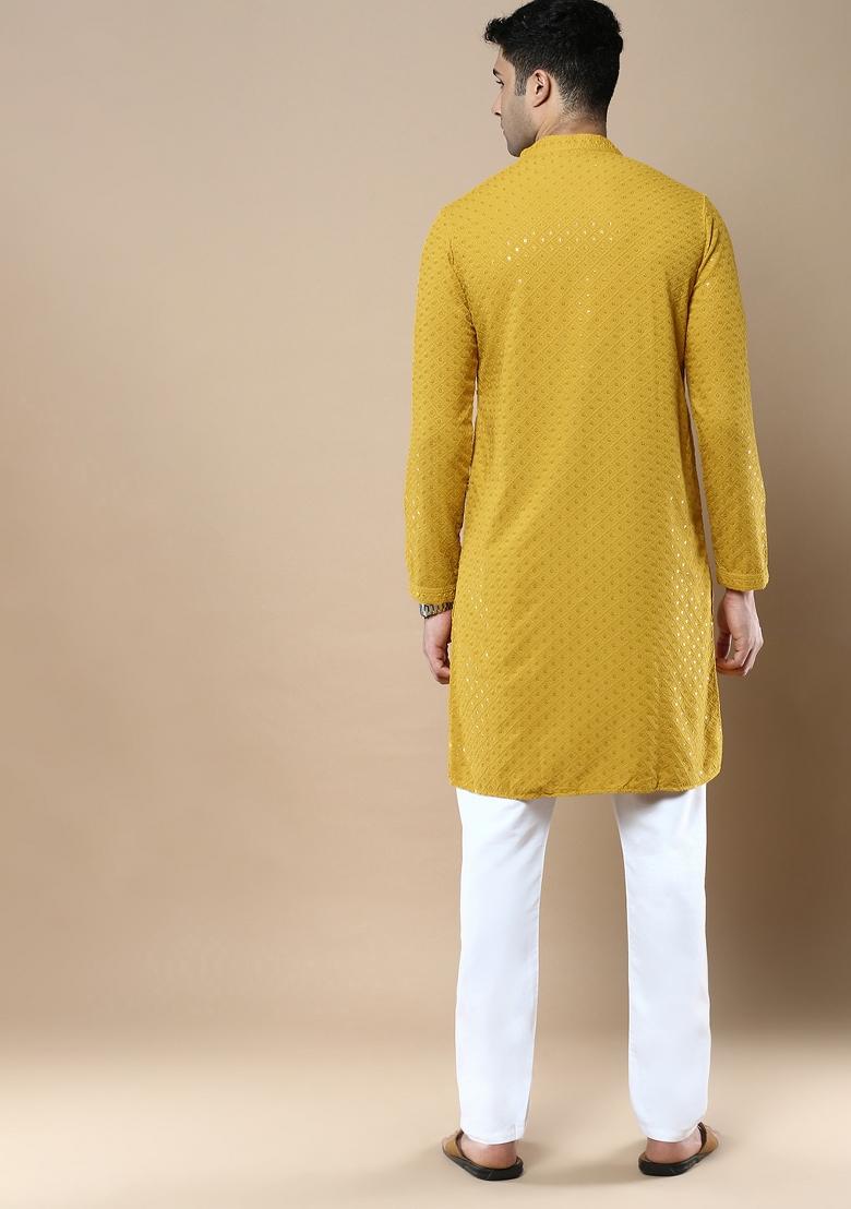 Yellow Sequin Embroidered Cotton Kurta Sets For Men