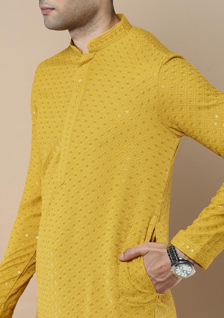 Yellow Sequin Embroidered Cotton Kurta Sets For Men