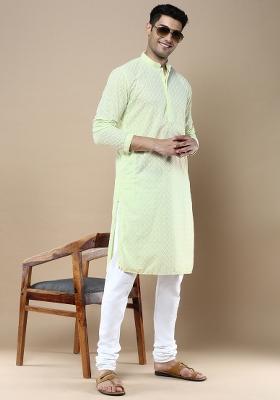 Green Solid Cotton Kurta Sets For Men