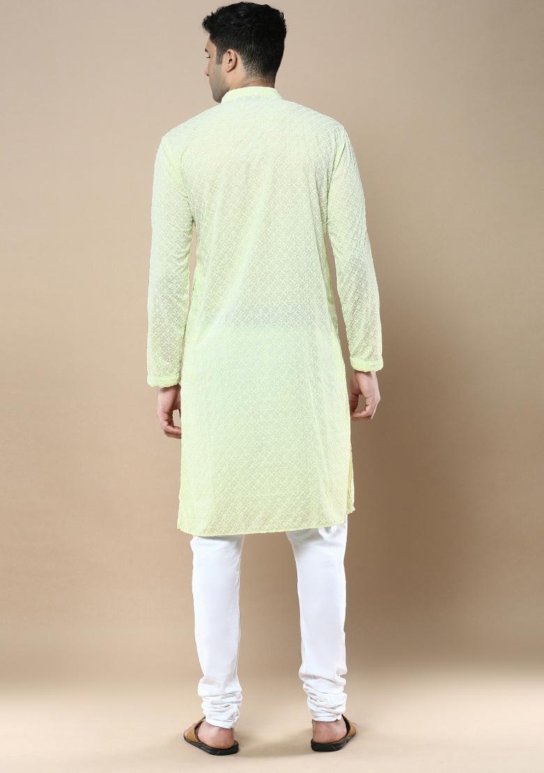 Green Solid Cotton Kurta Sets For Men
