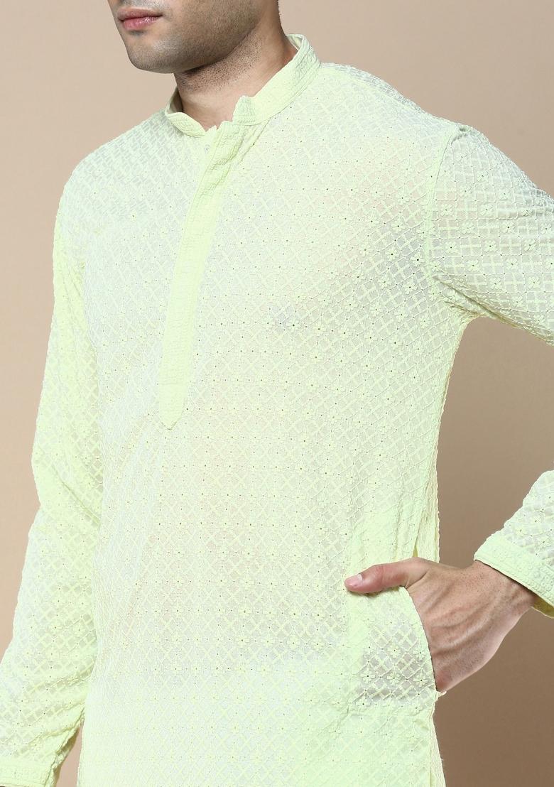 Green Solid Cotton Kurta Sets For Men