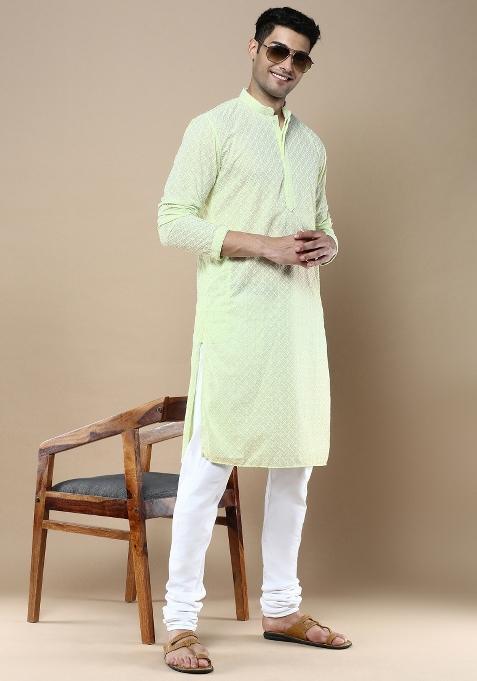 Green Solid Cotton Kurta Sets For Men