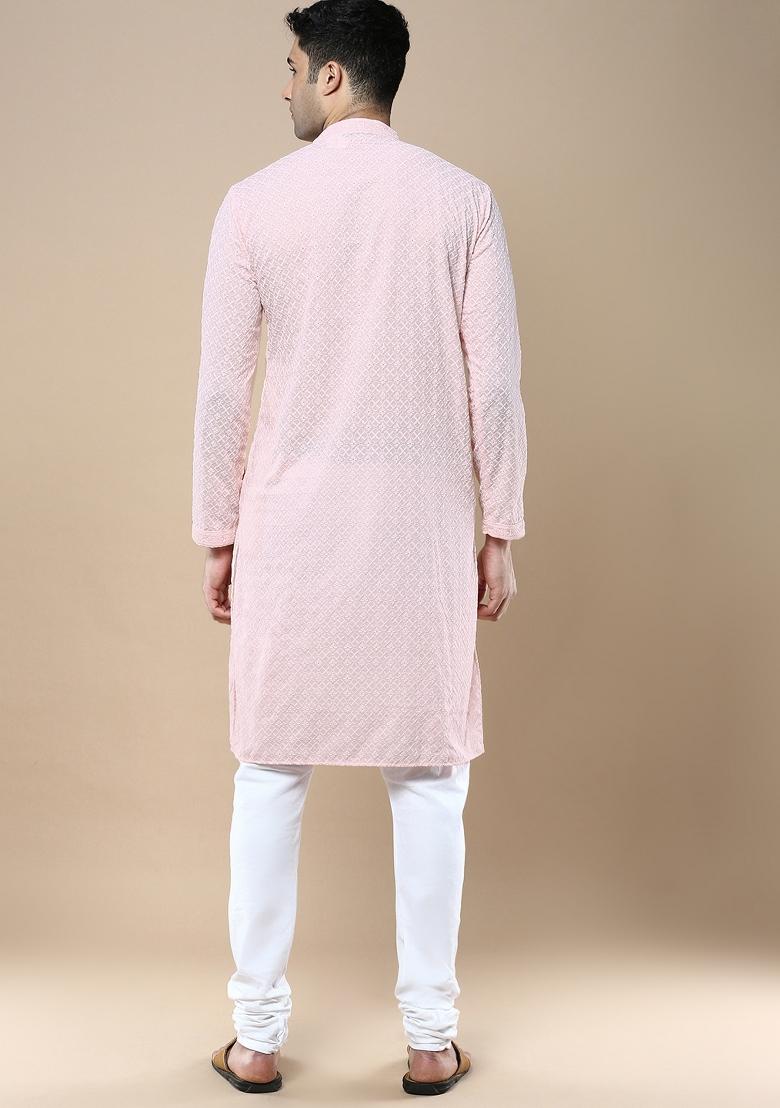 Pink Solid Cotton Kurta Sets For Men