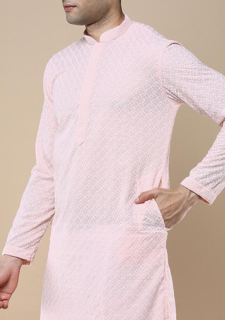 Pink Solid Cotton Kurta Sets For Men