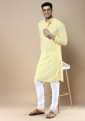 Yellow Solid Cotton Kurta Sets For Men