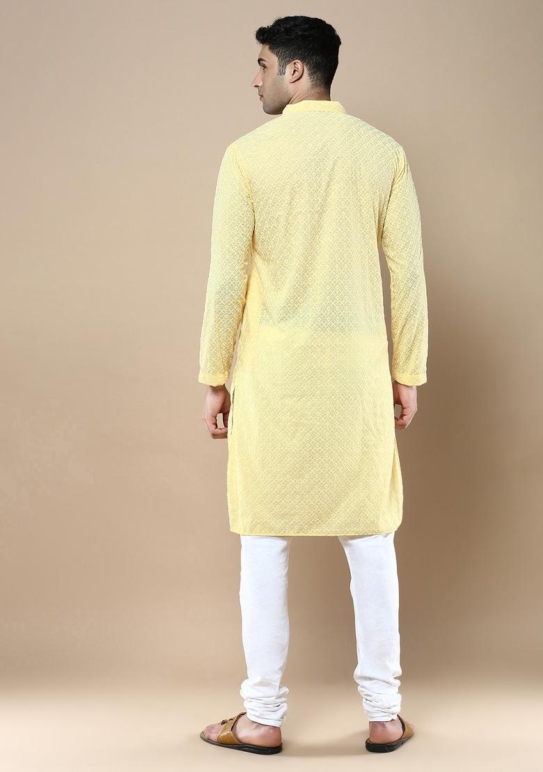 Yellow Solid Cotton Kurta Sets For Men