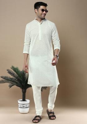 Off White Solid Cotton Kurta Sets For Men