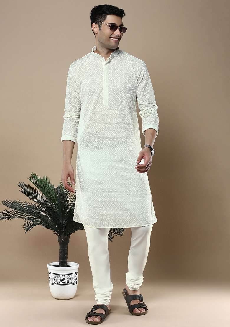 Off White Solid Cotton Kurta Sets For Men - Indya