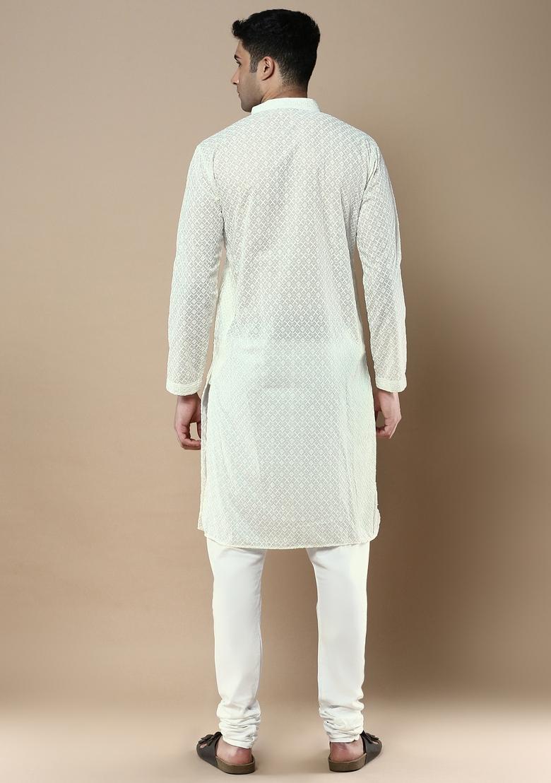 Off White Solid Cotton Kurta Sets For Men