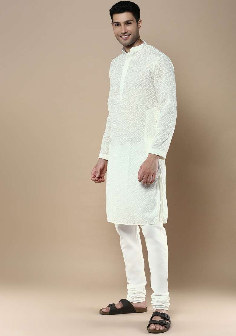 Off White Solid Cotton Kurta Sets For Men - Indya