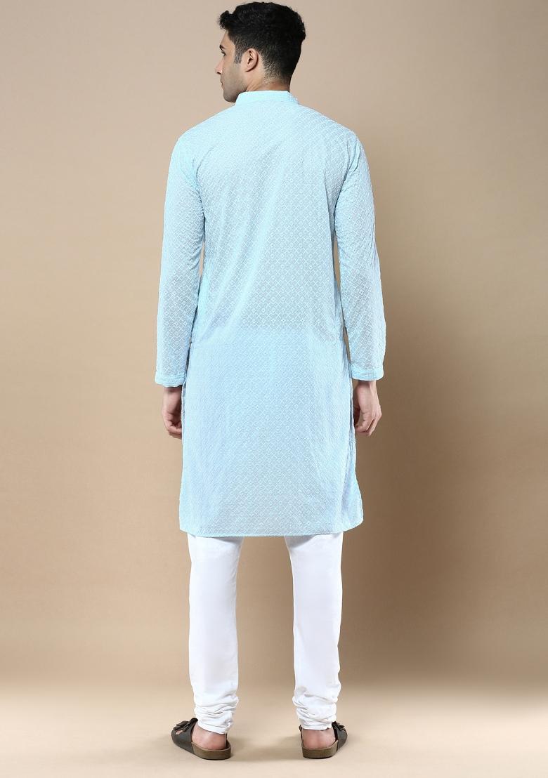 Blue Solid Cotton Kurta Sets For Men