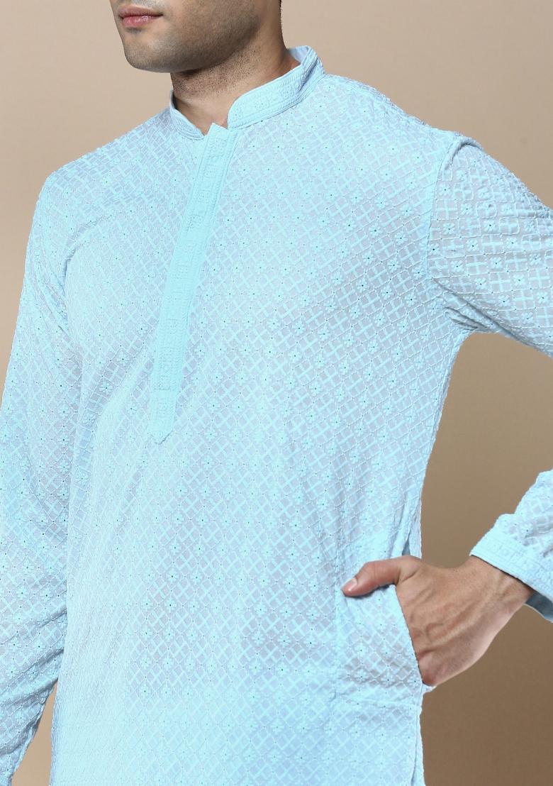 Blue Solid Cotton Kurta Sets For Men