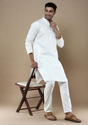 Off White Woven Cotton Blend Kurta Sets For Men