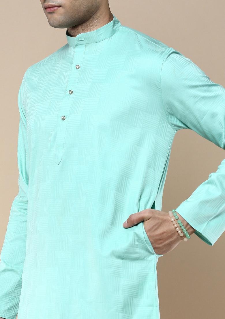 Green Woven Cotton Blend Kurta Sets For Men