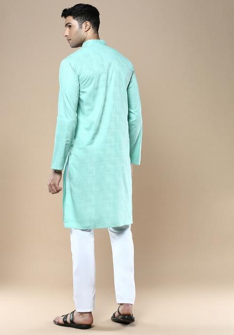 Green Woven Cotton Blend Kurta Sets For Men