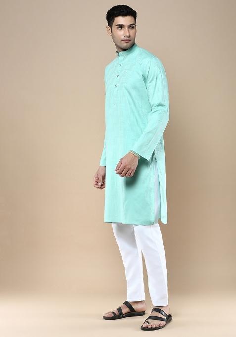 Green Woven Cotton Blend Kurta Sets For Men