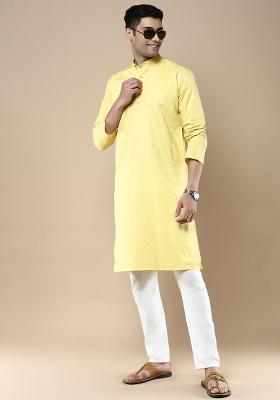 Yellow Woven Cotton Blend Kurta Sets For Men