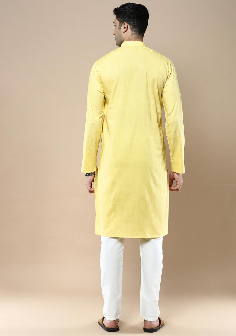 Yellow Woven Cotton Blend Kurta Sets For Men