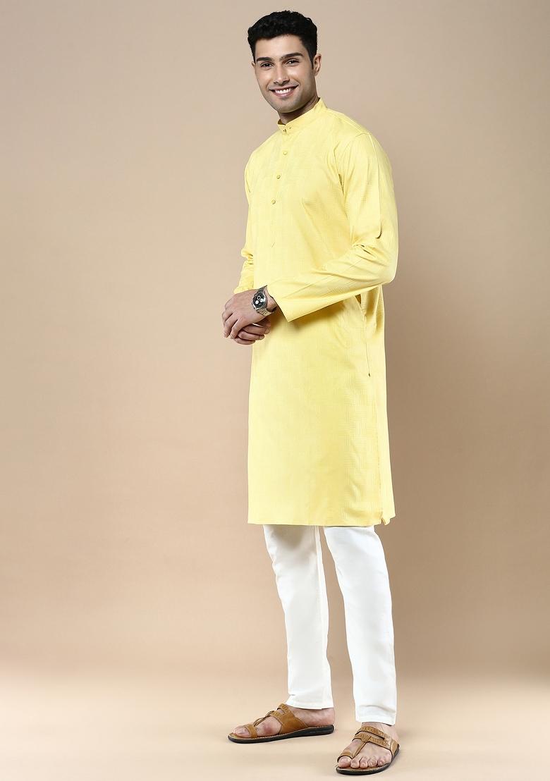 Yellow Woven Cotton Blend Kurta Sets For Men