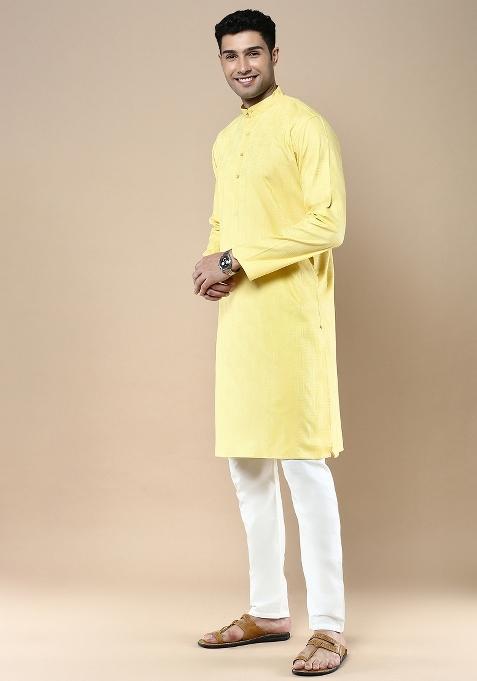 Yellow Woven Cotton Blend Kurta Sets For Men
