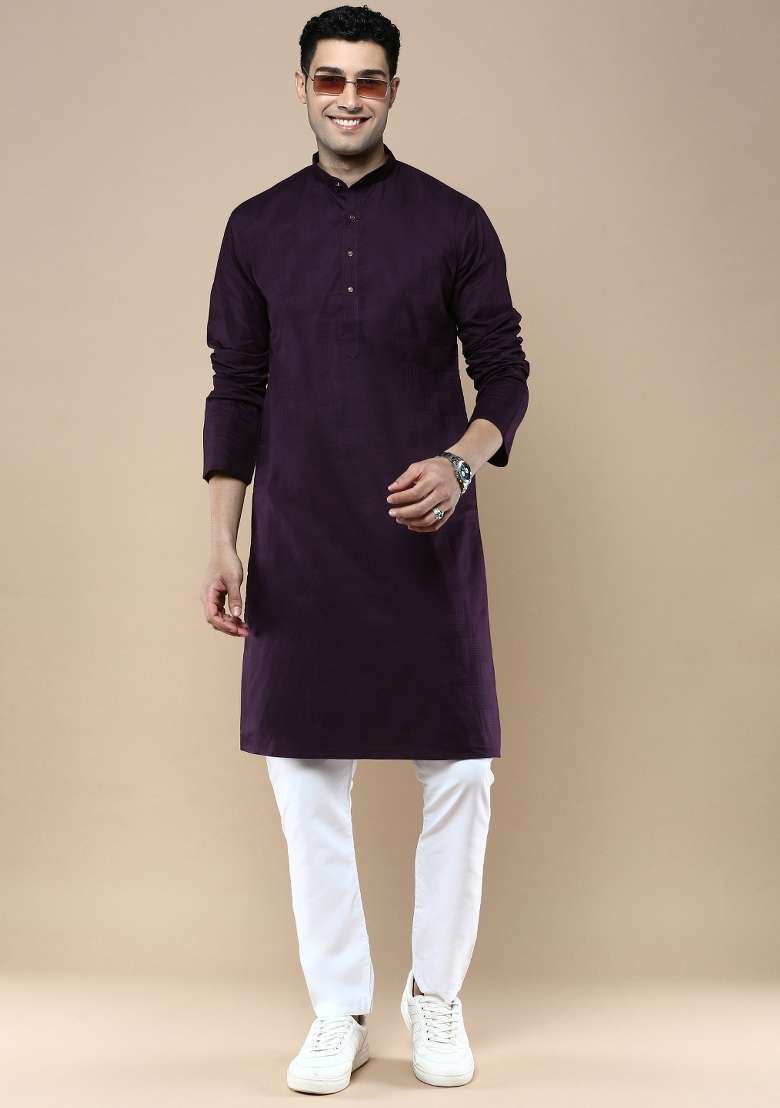 Purple Woven Cotton Blend Kurta Sets For Men - Indya