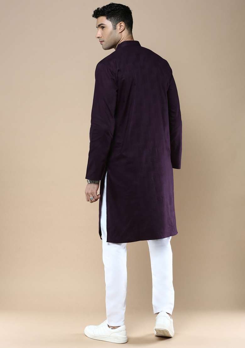 Purple Woven Cotton Blend Kurta Sets For Men - Indya