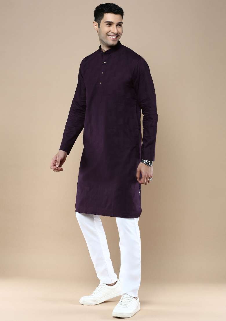 Purple Woven Cotton Blend Kurta Sets For Men - Indya